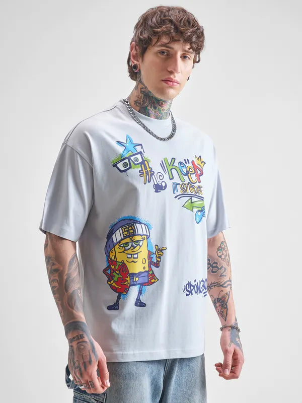 Grey Spongebob Printed Round Neck Oversized Fit T-Shirt