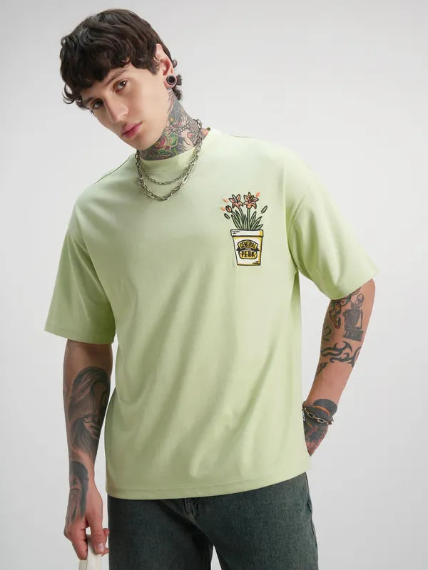 Men Green Friends Printed Round Neck Oversized Fit T-Shirt