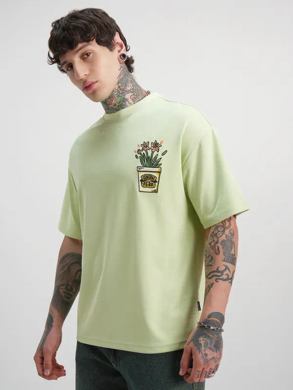 Men Green Friends Printed Round Neck Oversized Fit T-Shirt