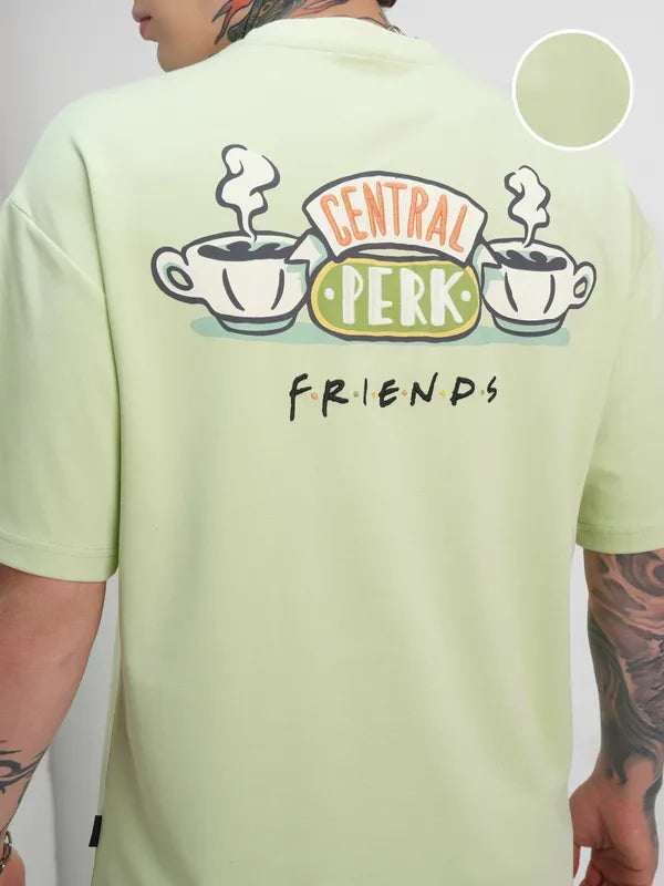 Men Green Friends Printed Round Neck Oversized Fit T-Shirt
