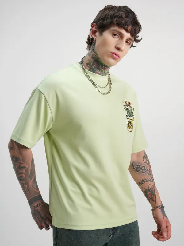 Men Green Friends Printed Round Neck Oversized Fit T-Shirt