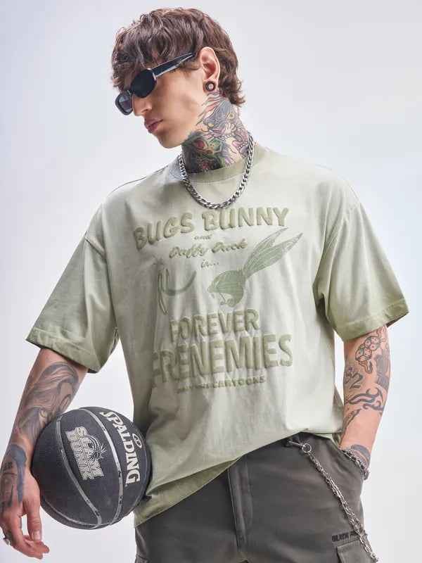Green Looney Tunes Printed Round Neck Oversized Fit T-Shirts