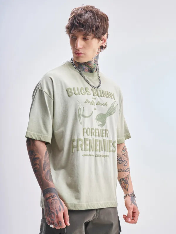 Green Looney Tunes Printed Round Neck Oversized Fit T-Shirts