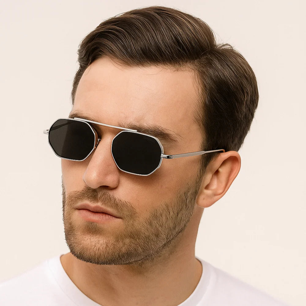 Stylish Silver Black Hexagon Shades for Men