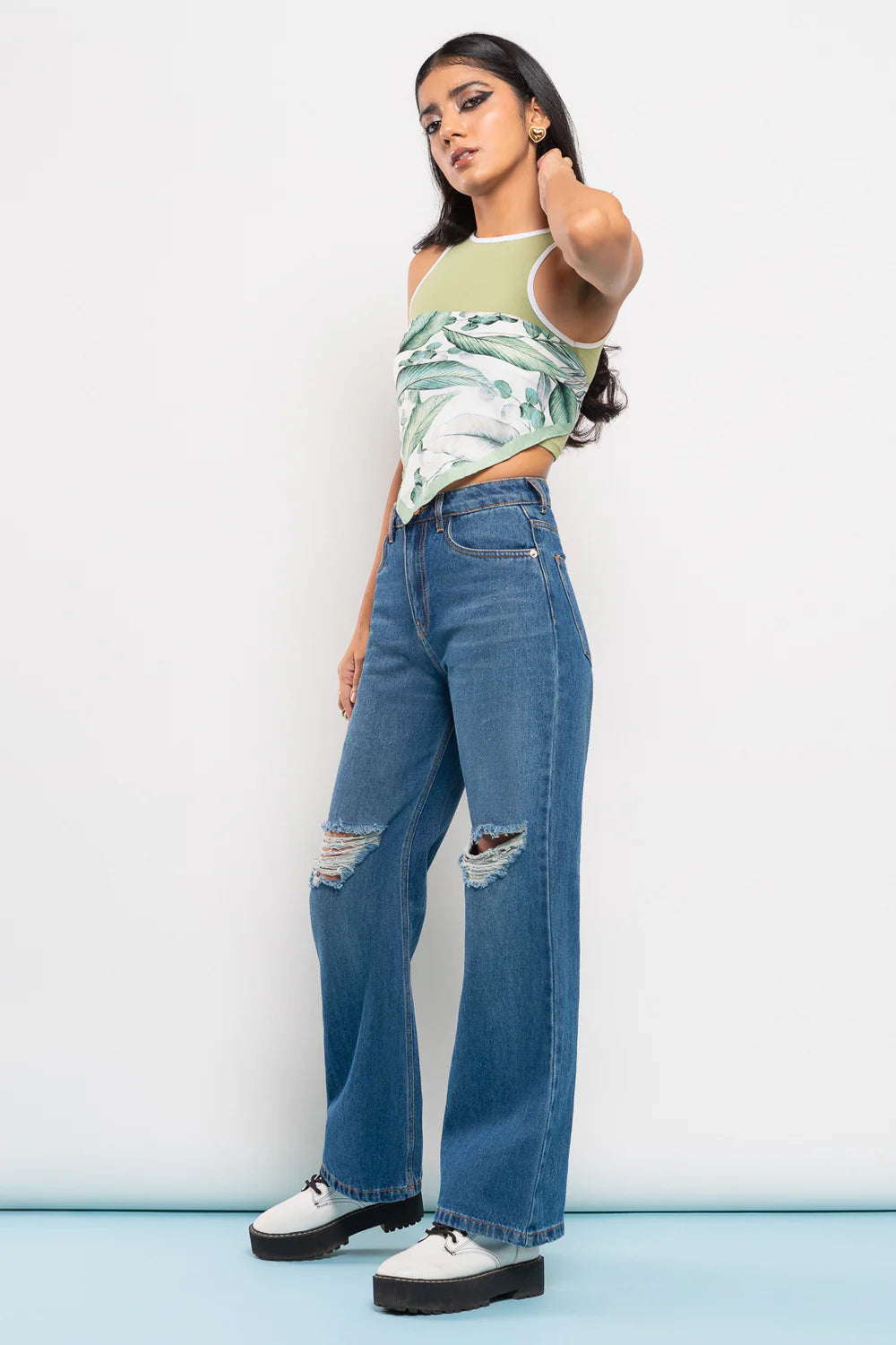Stylish Blue Wide Fit Ripped Denim for Women