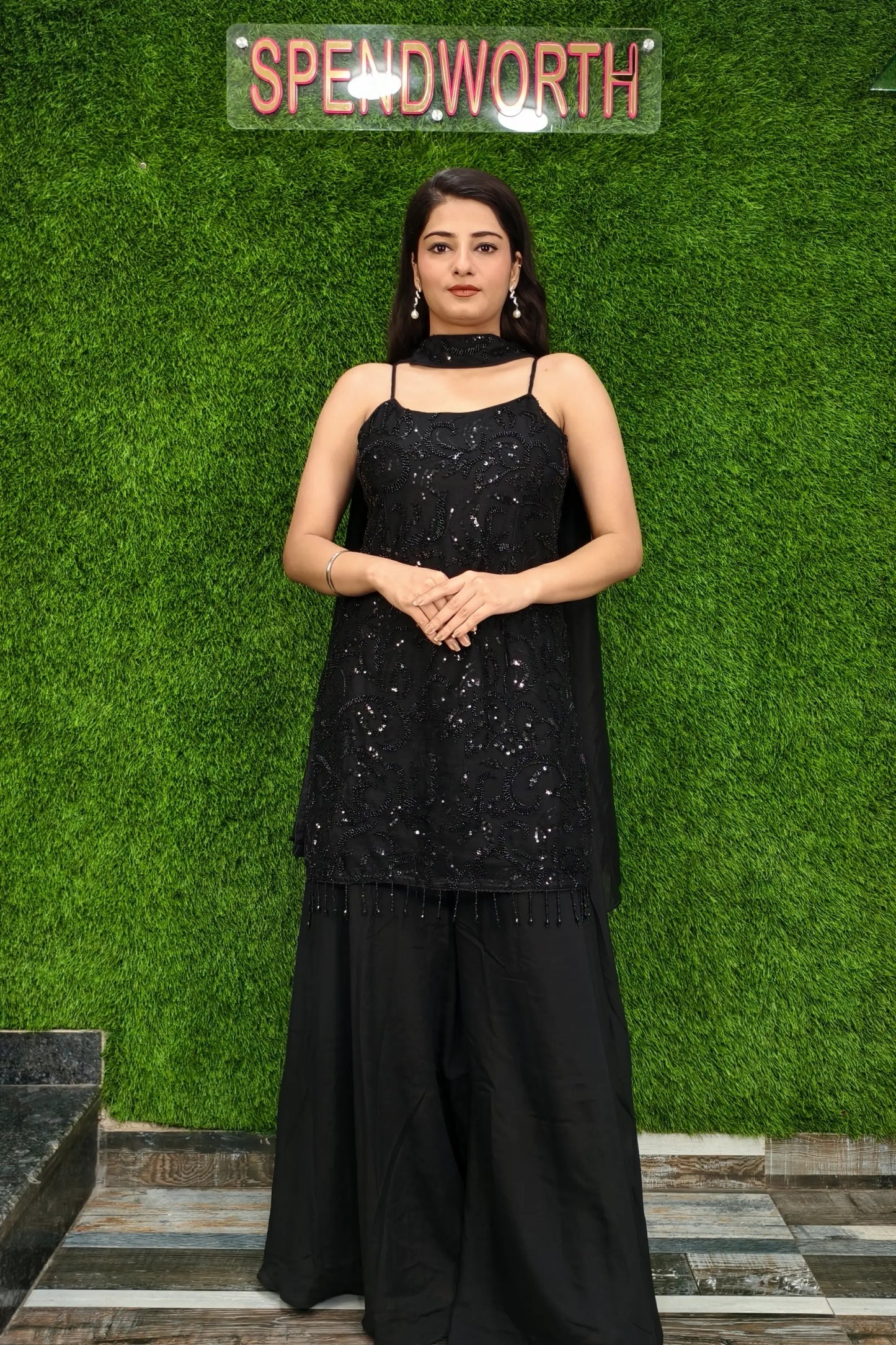 Luxurious Black Hand Work Sharara Suit with Noodle Strap Design for Women Perfect for Weddings, Festivals, and Traditional Events