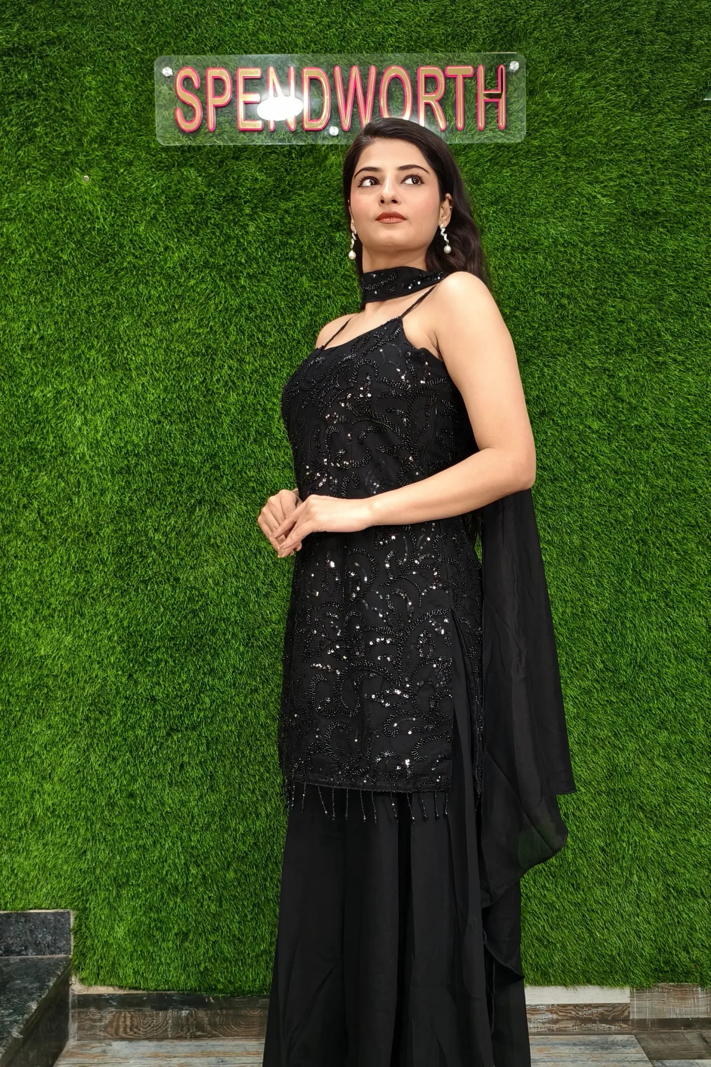 Luxurious Black Hand Work Sharara Suit with Noodle Strap Design for Women Perfect for Weddings, Festivals, and Traditional Events