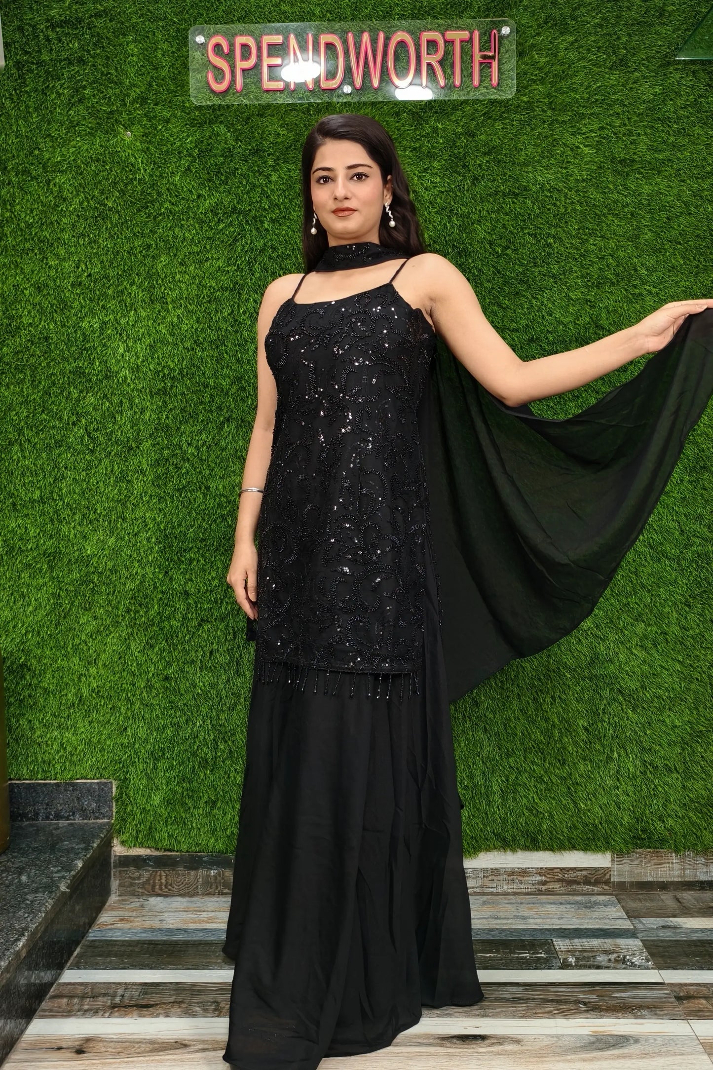 Luxurious Black Hand Work Sharara Suit with Noodle Strap Design for Women Perfect for Weddings, Festivals, and Traditional Events