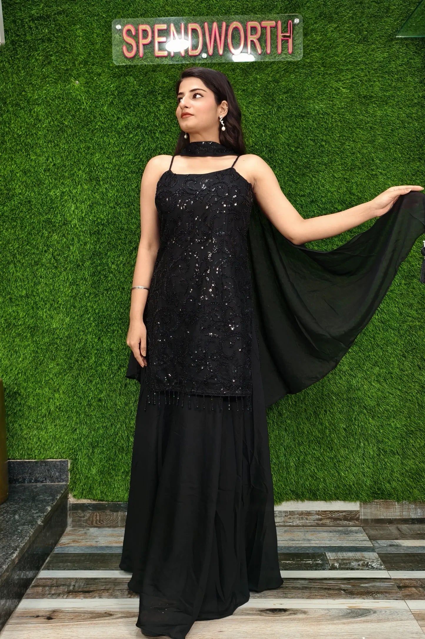 Luxurious Black Hand Work Sharara Suit with Noodle Strap Design for Women Perfect for Weddings, Festivals, and Traditional Events