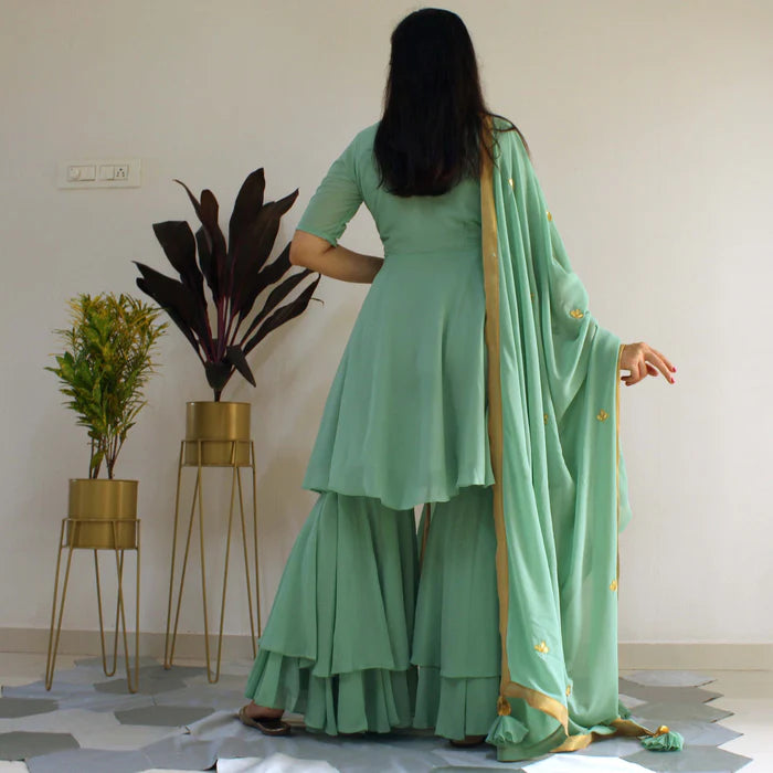 Party Wear Mint Green Sharara Suit Set with Embroidered Kurta and Dupatta in Ready-to-Wear Style for Women