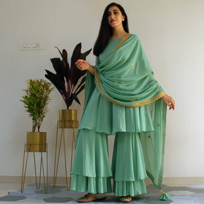 Party Wear Mint Green Sharara Suit Set with Embroidered Kurta and Dupatta in Ready-to-Wear Style for Women