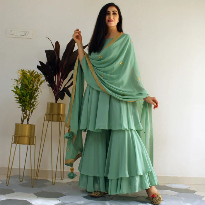 Party Wear Mint Green Sharara Suit Set with Embroidered Kurta and Dupatta in Ready-to-Wear Style for Women