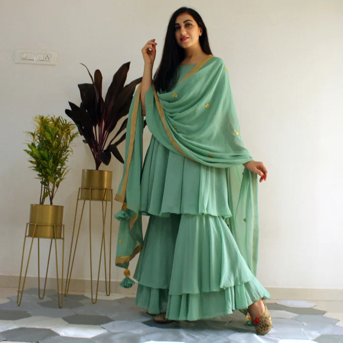 Party Wear Mint Green Sharara Suit Set with Embroidered Kurta and Dupatta in Ready-to-Wear Style for Women