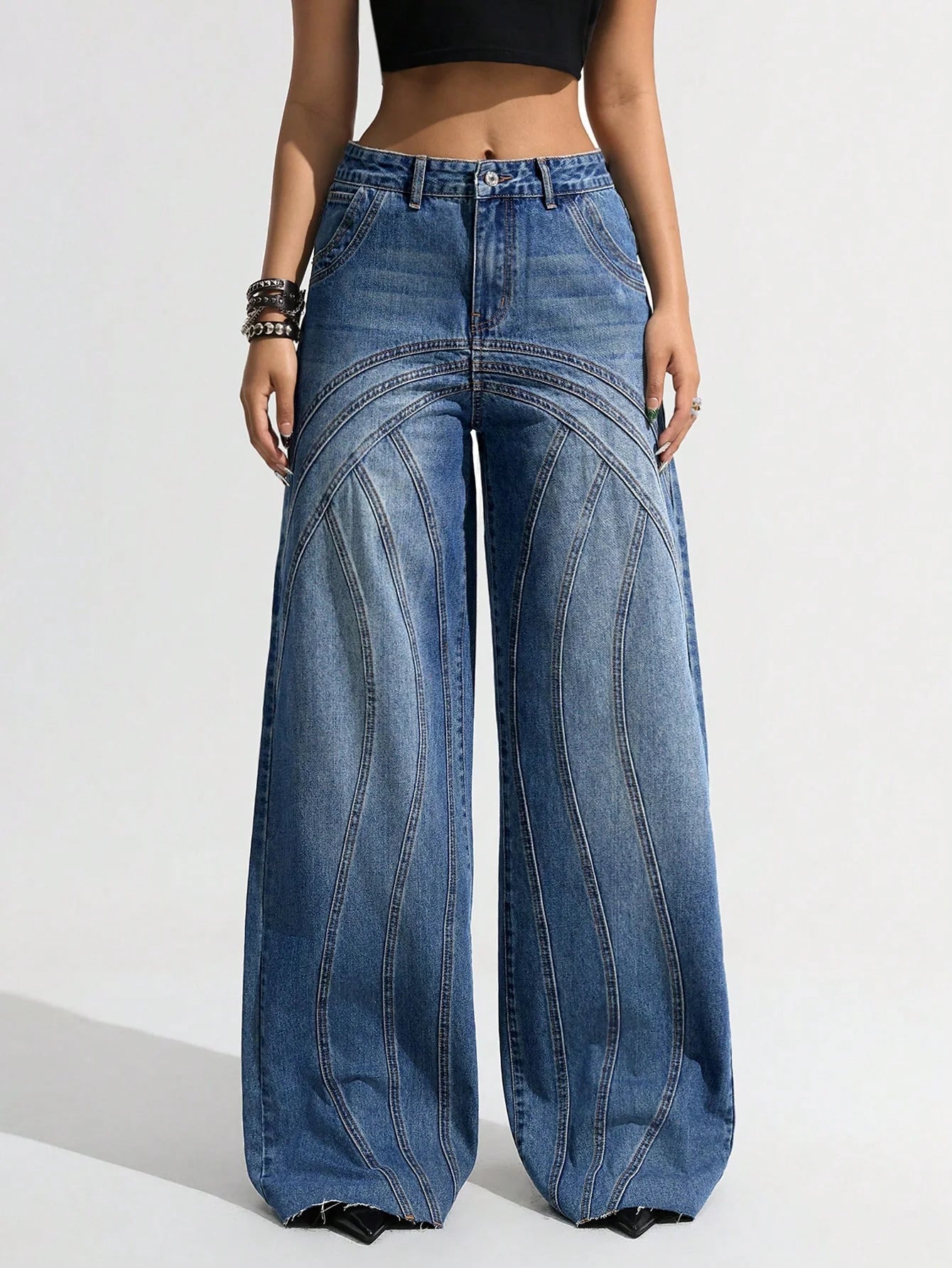 Trendy Panel Play Denim Wide Leg Jeans for Women Perfect for Streetwear and Casual Outfits