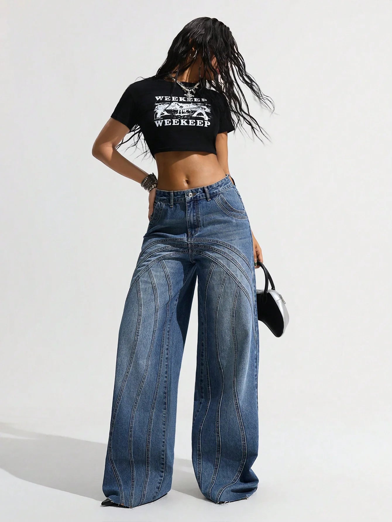 Trendy Panel Play Denim Wide Leg Jeans for Women Perfect for Streetwear and Casual Outfits