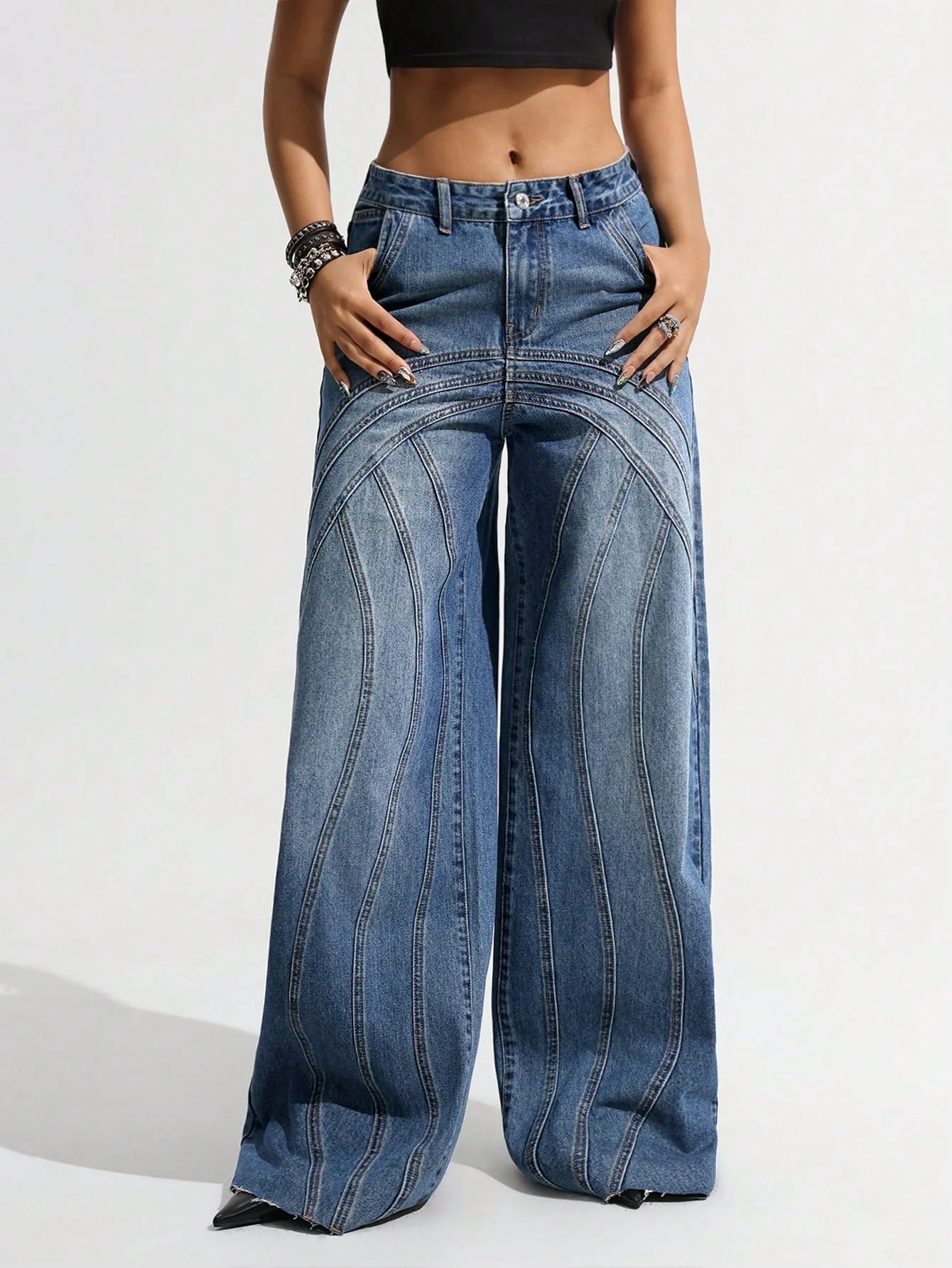 Trendy Panel Play Denim Wide Leg Jeans for Women Perfect for Streetwear and Casual Outfits