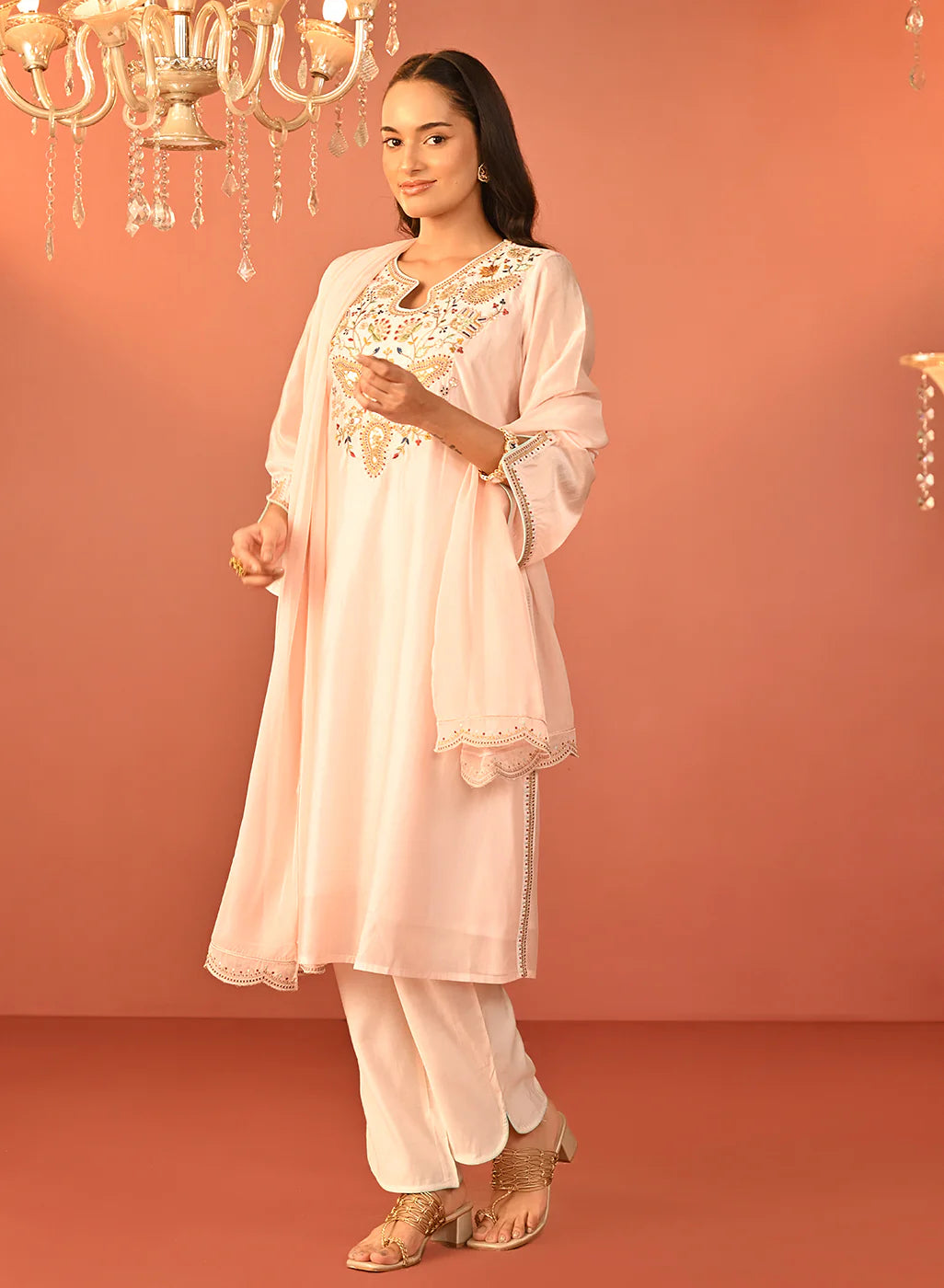 Elegant Pink Embroidered Chanderi Kurta Set with Pants
