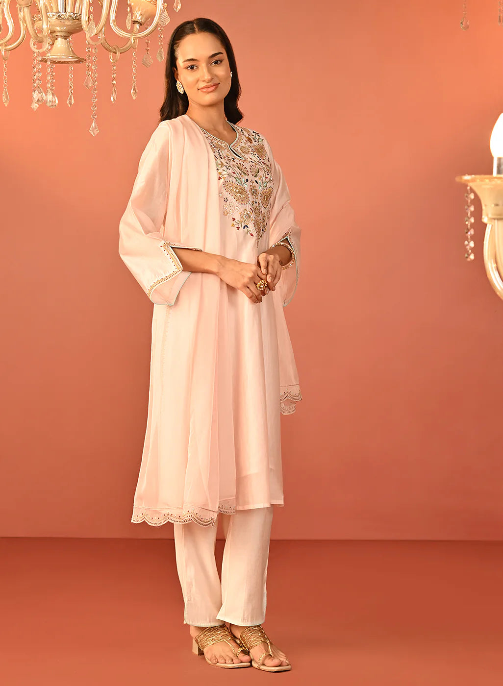 Elegant Pink Embroidered Chanderi Kurta Set with Pants
