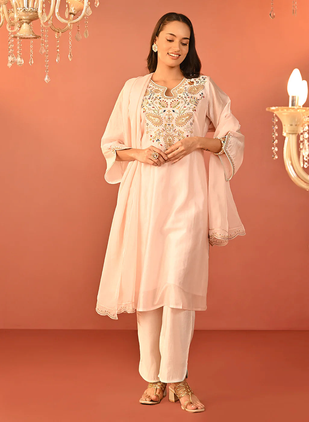 Elegant Pink Embroidered Chanderi Kurta Set with Pants