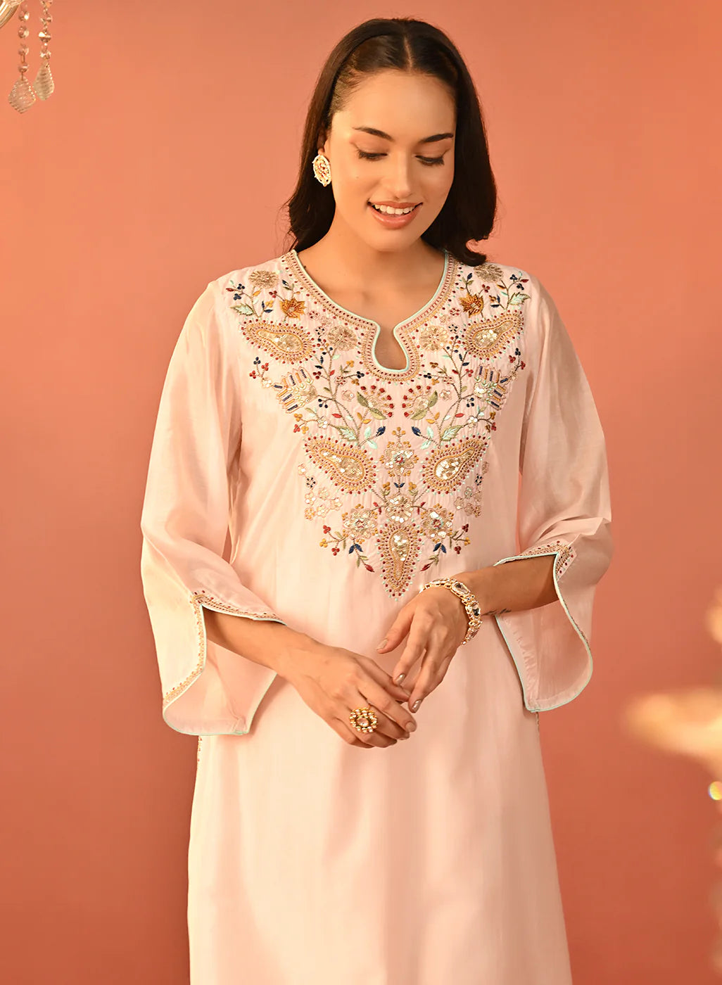 Elegant Pink Embroidered Chanderi Kurta Set with Pants