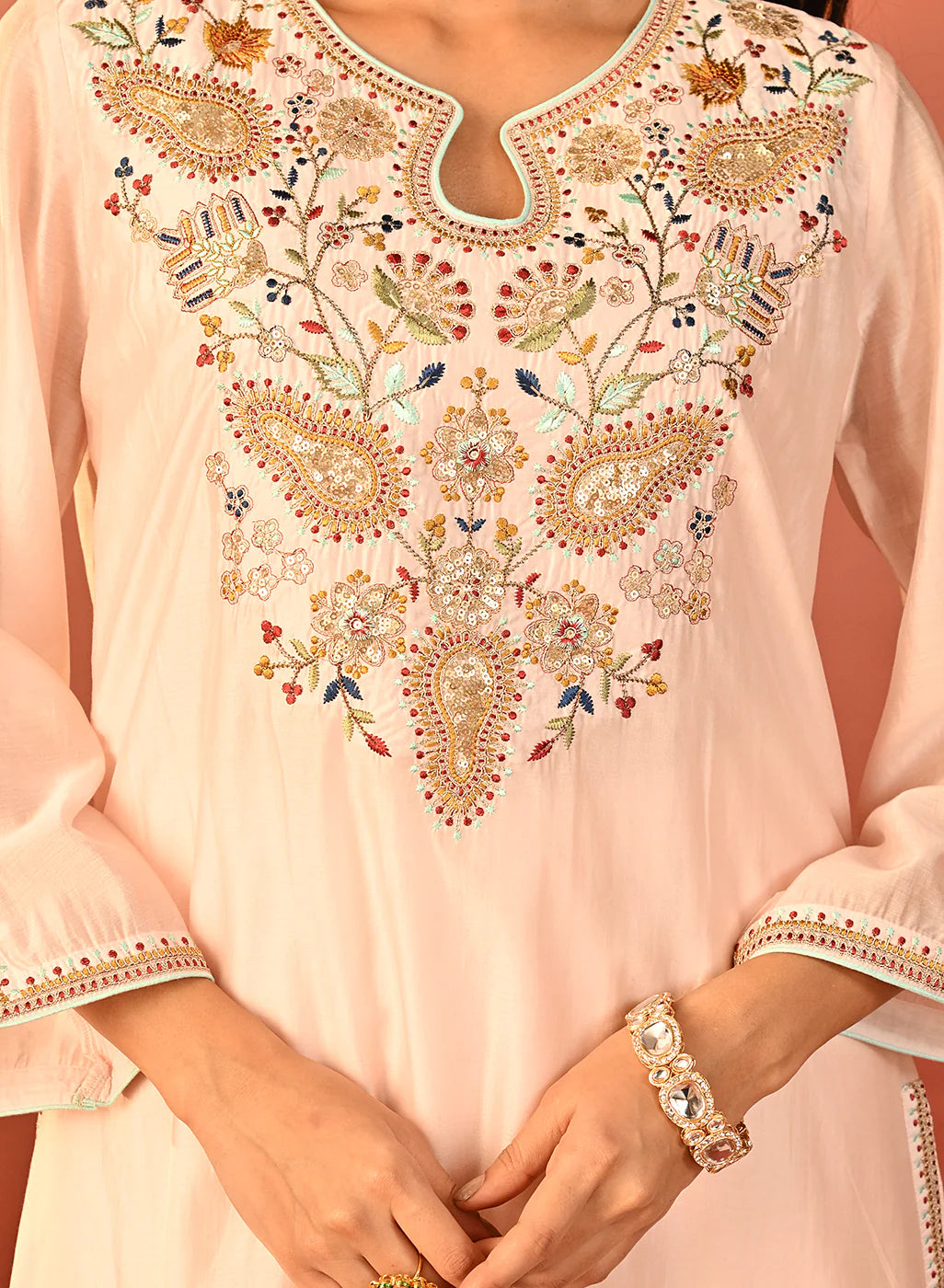 Elegant Pink Embroidered Chanderi Kurta Set with Pants