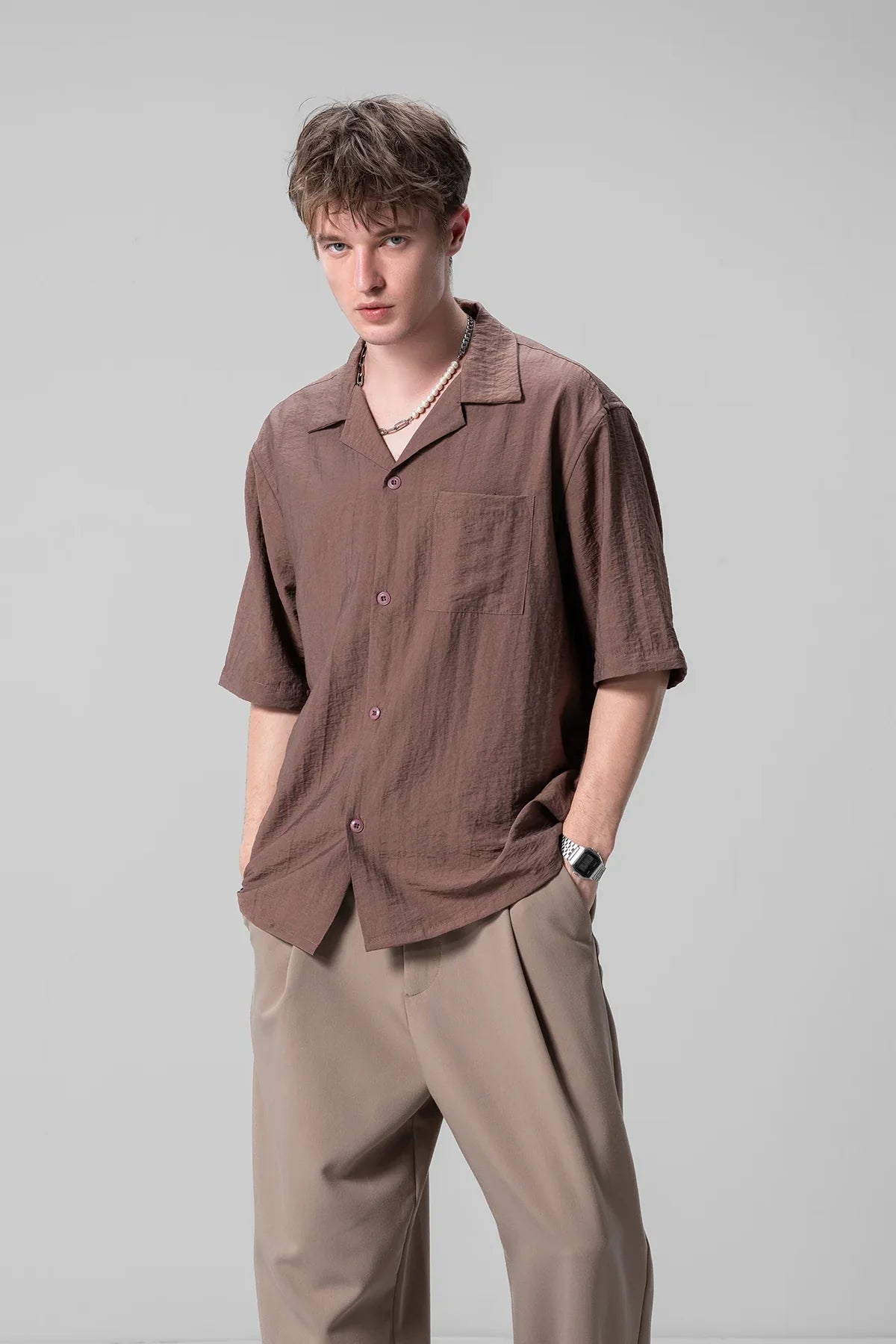 Relaxed Brown Unisex Shirt Soft Fabric Casual Style for Men and Women