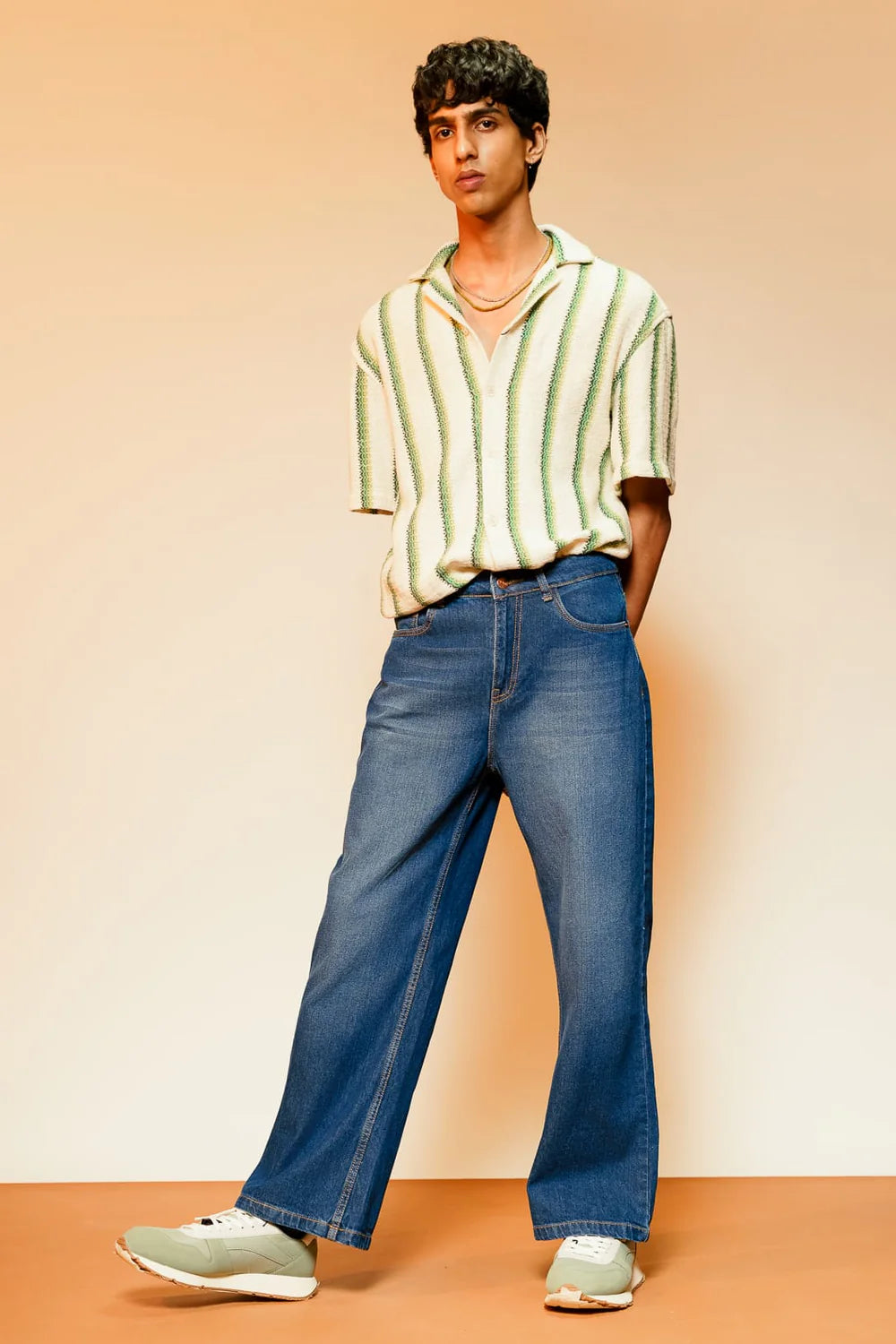 Mid Blue Men's Wide Jeans with Relaxed Streetwear Style and Durable Fabric