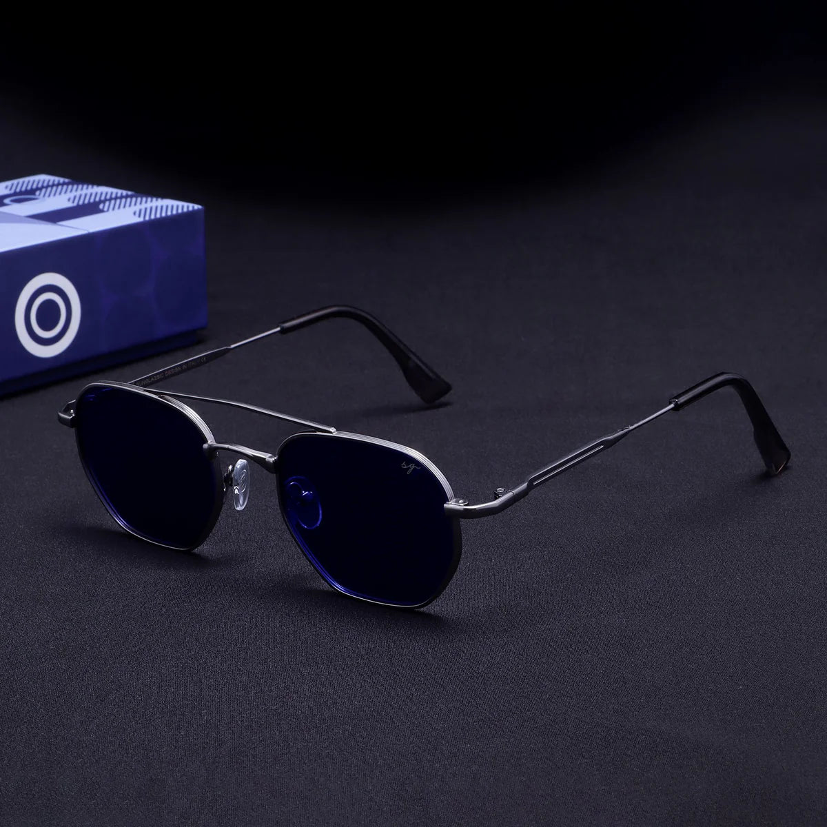 Silver Blue Hexagon Frame Sunglasses
