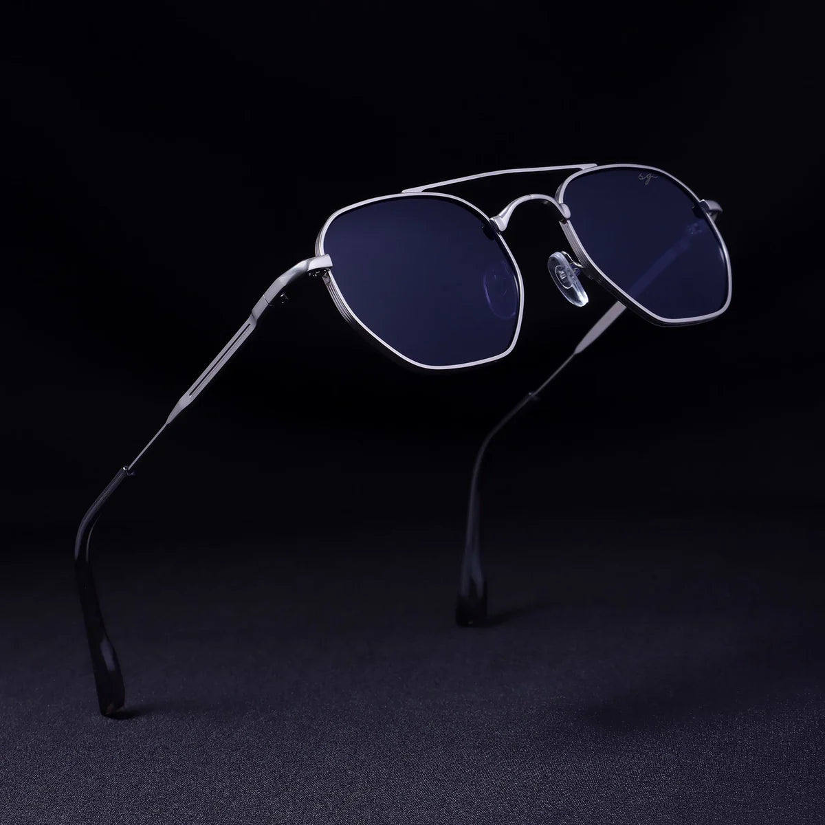 Silver Blue Hexagon Frame Sunglasses