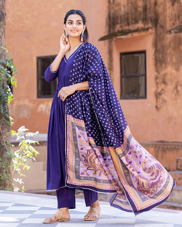 Premium Quality Azure Kalamkari Suit Set for Women Ideal for Weddings, Receptions, and Cultural Events