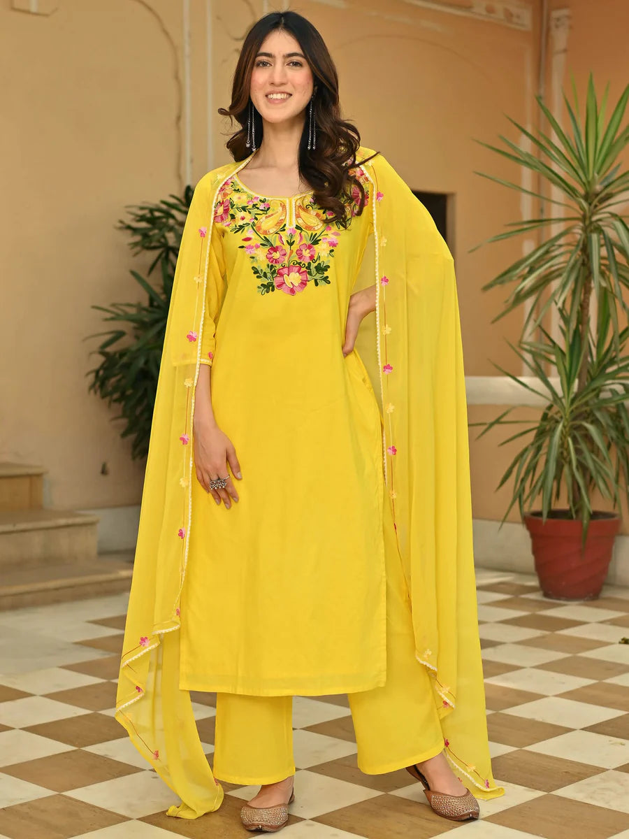 Designer Women’s Yellow Cotton Kurta Set with Detailed Aari Work for Festive, Cultural, and Party Occasions