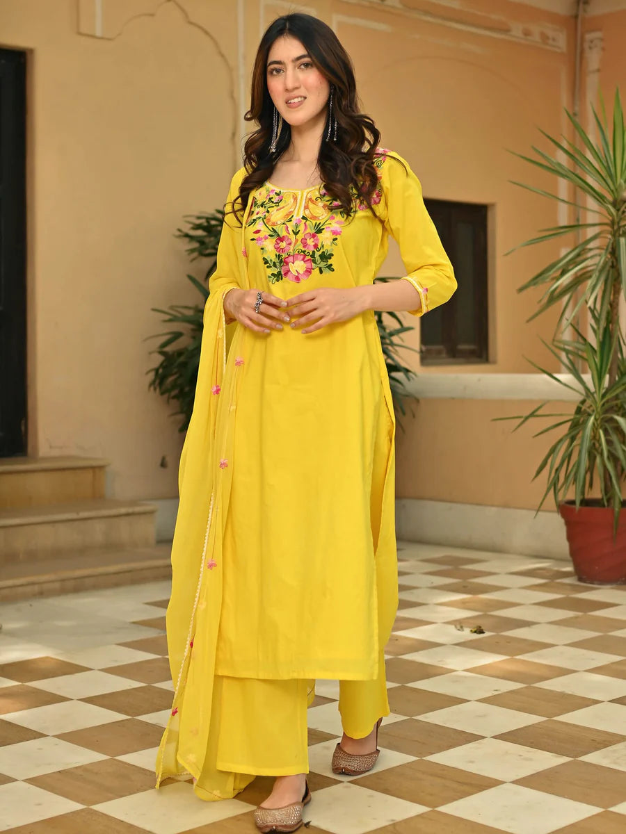 Designer Women’s Yellow Cotton Kurta Set with Detailed Aari Work for Festive, Cultural, and Party Occasions