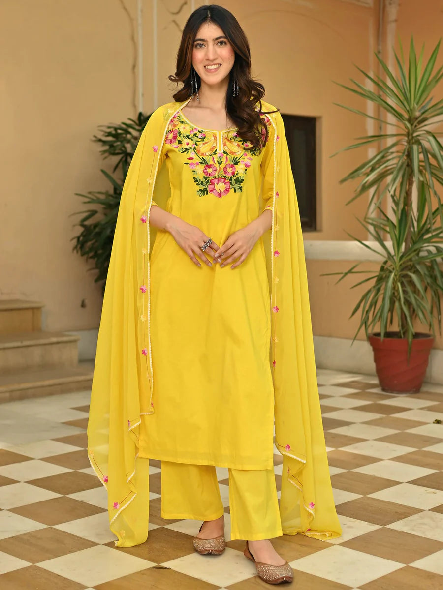 Designer Women’s Yellow Cotton Kurta Set with Detailed Aari Work for Festive, Cultural, and Party Occasions