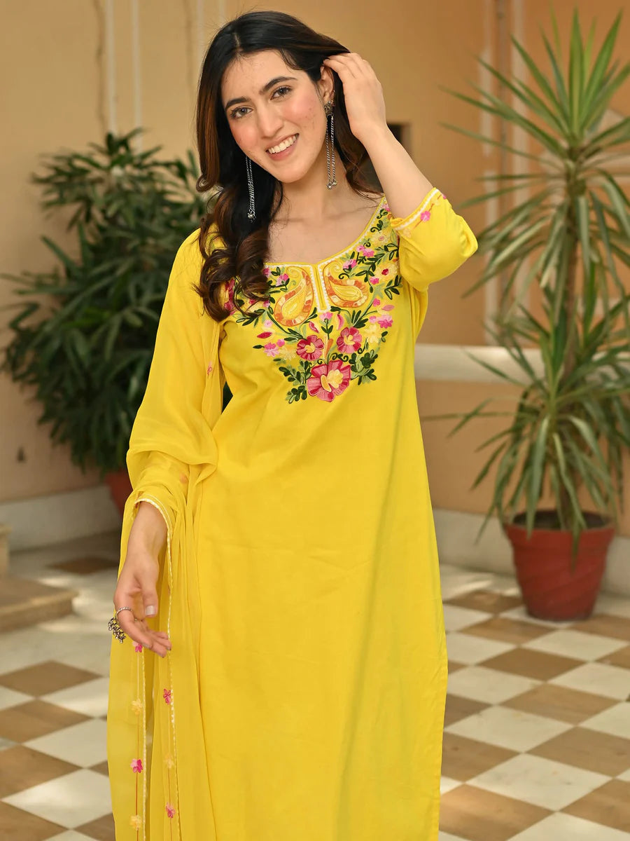 Designer Women’s Yellow Cotton Kurta Set with Detailed Aari Work for Festive, Cultural, and Party Occasions