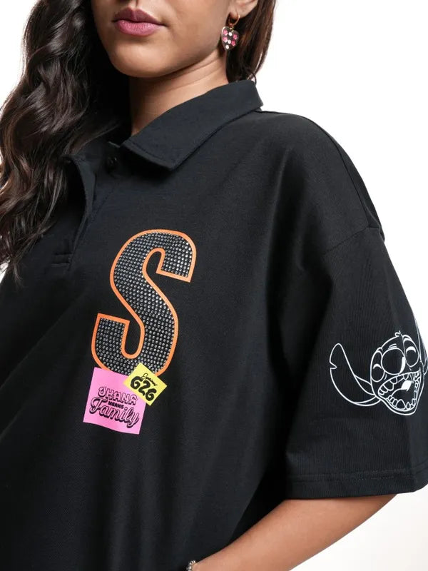 Women Black Stitch Printed Polo Neck Oversized Fit T-Shirt