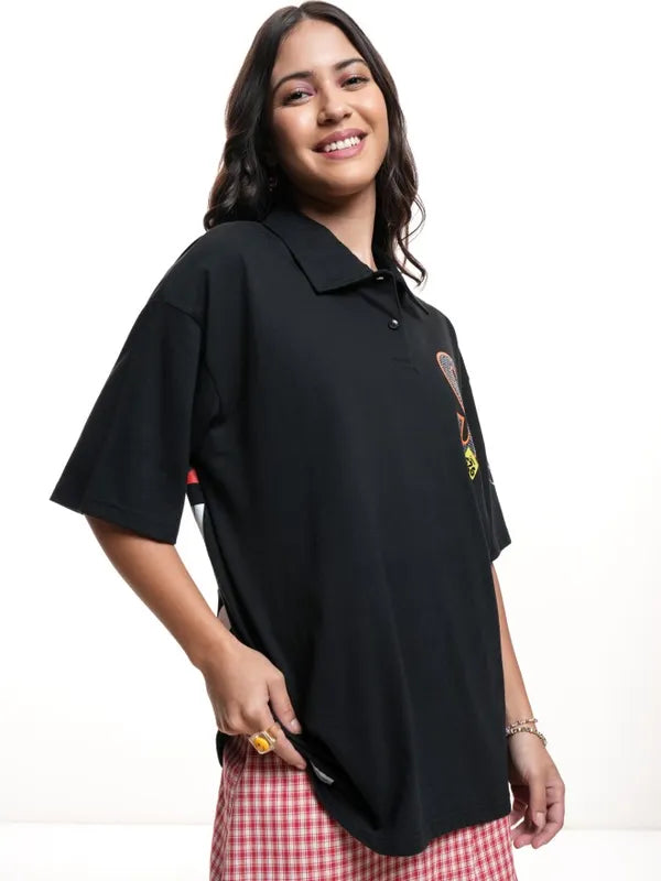 Women Black Stitch Printed Polo Neck Oversized Fit T-Shirt