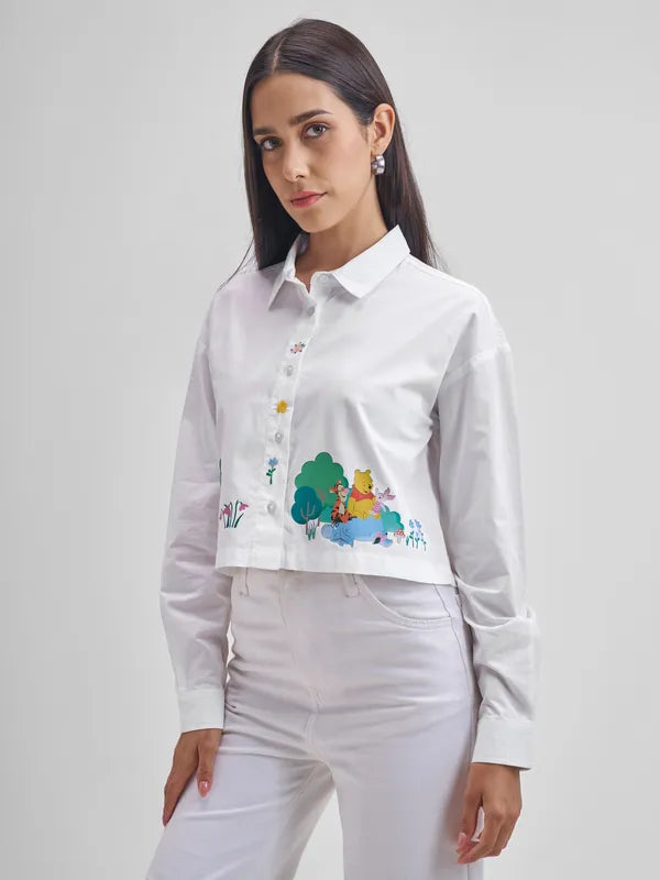 Women Trendy White Winnie The Pooh and Pals Printed Shirt Comfortable Relaxed Fit