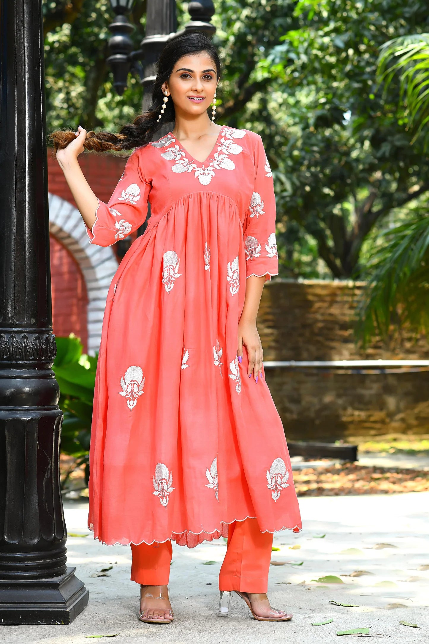 Chic Coral Red Ikat Co Ord Set with Contemporary Fashion Touch