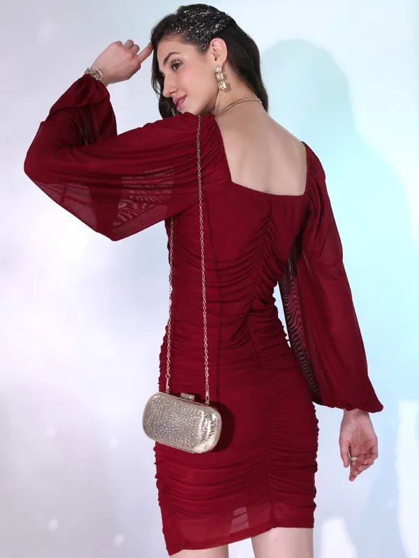 Classic Maroon Solid Bodycon Midi Dress for Women
