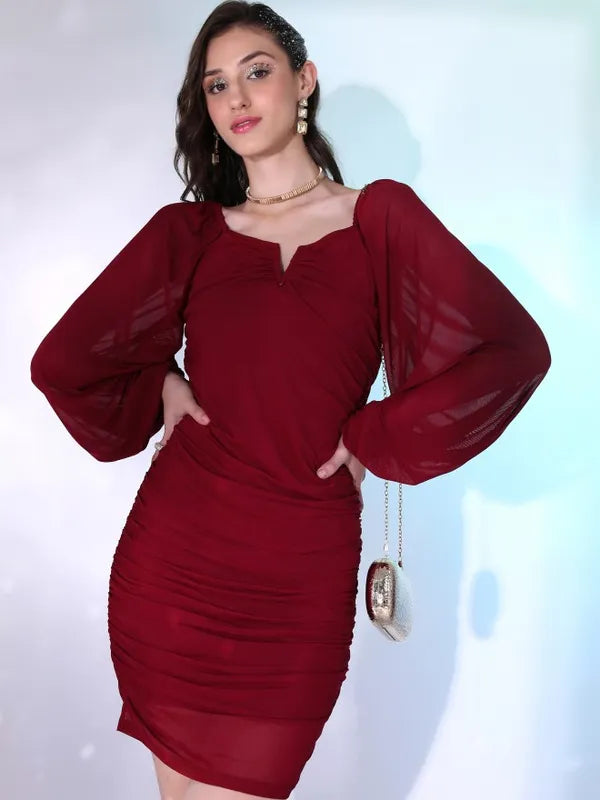 Classic Maroon Solid Bodycon Midi Dress for Women