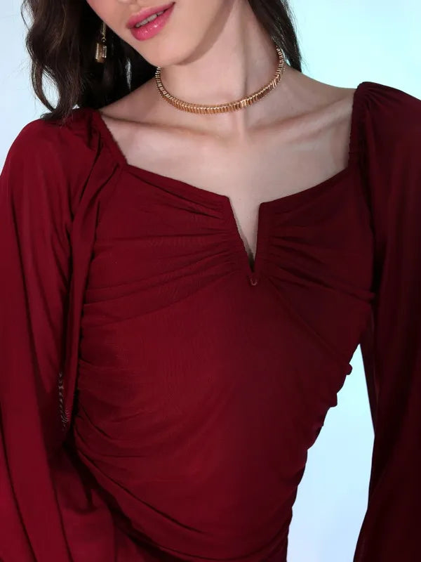 Classic Maroon Solid Bodycon Midi Dress for Women