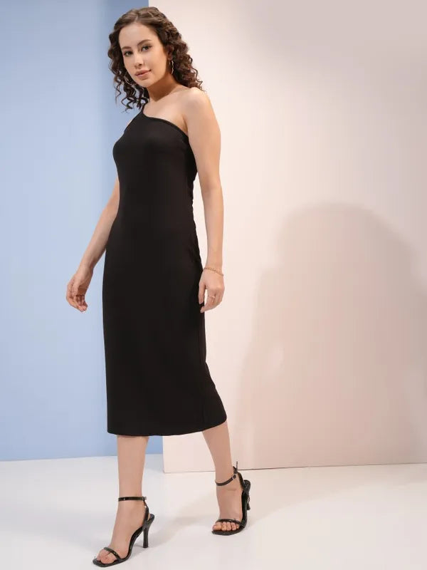 Black Solid Fitted Bodycon Dress for Women