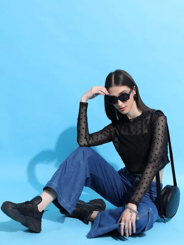 Women Black Self Design Regular Top