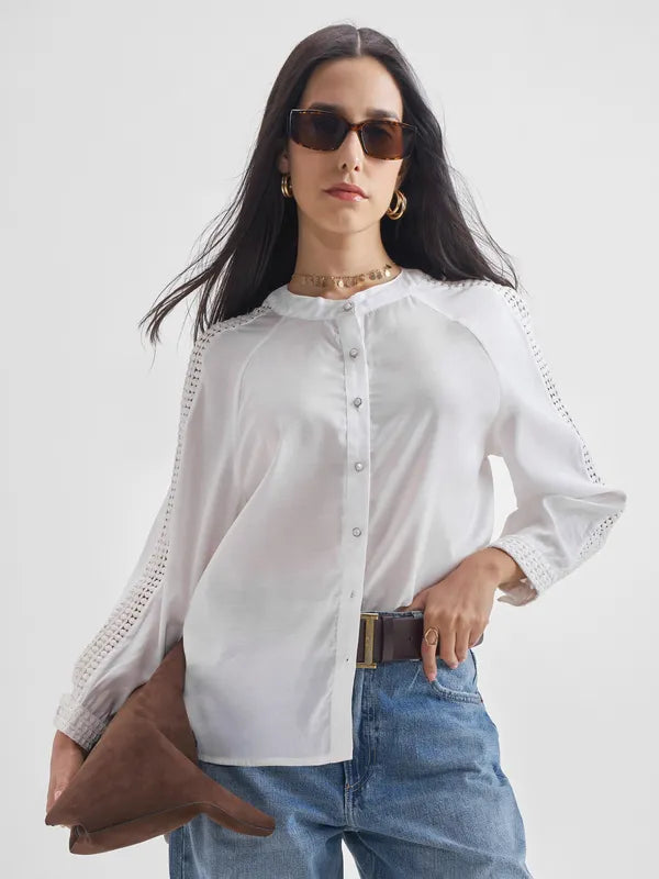 Women Cream Solid Regular Tops