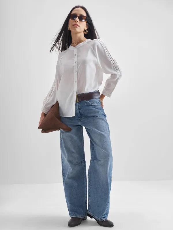 Women Cream Solid Regular Tops