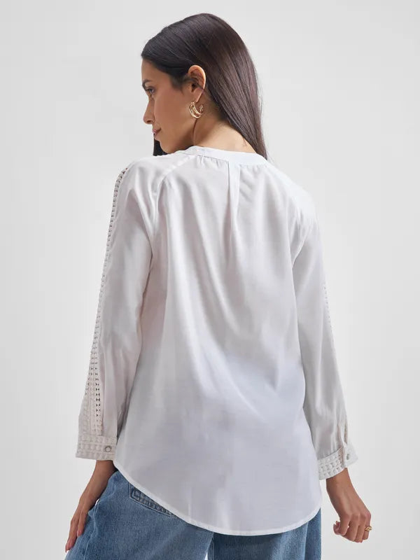 Women Cream Solid Regular Tops