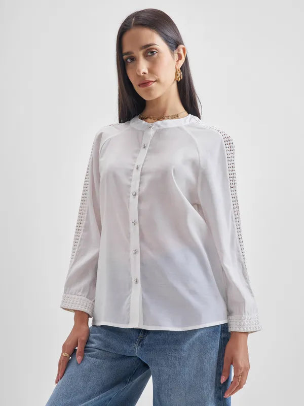 Women Cream Solid Regular Tops
