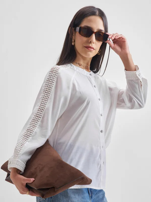 Women Cream Solid Regular Tops