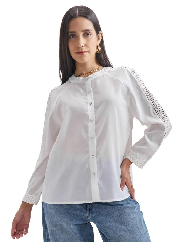 Women Cream Solid Regular Tops