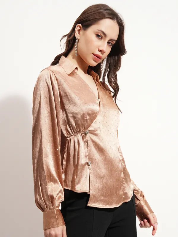 Women Beige Embellished Wrap Top